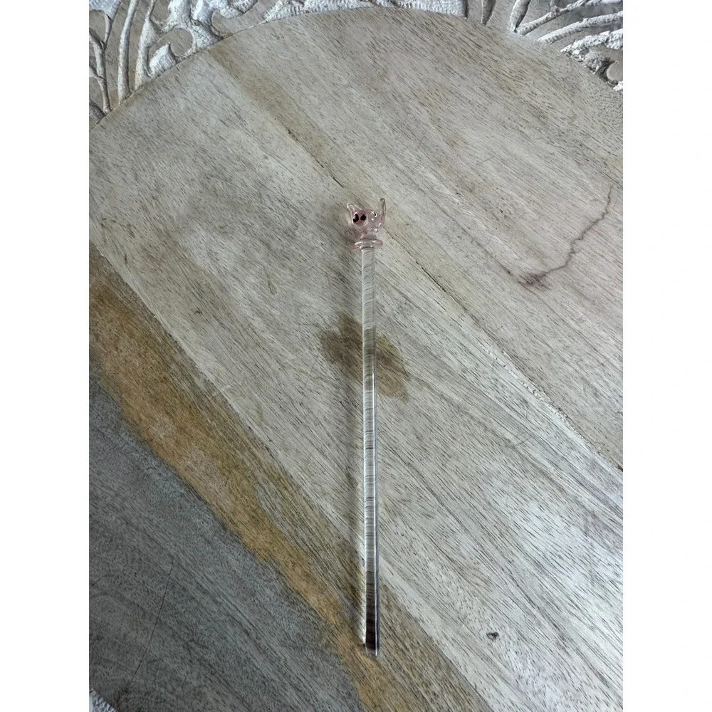 Vintage Hand Blown Glass Pig Swizzle‎ Stick Pink Animal Drink Stirrer 7 Inch